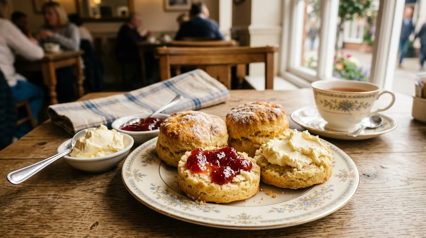 Tiered stand with freshly baked scones, finger sandwiches, and cakes served with tea inside a light-filled Oxfordshire tea room
