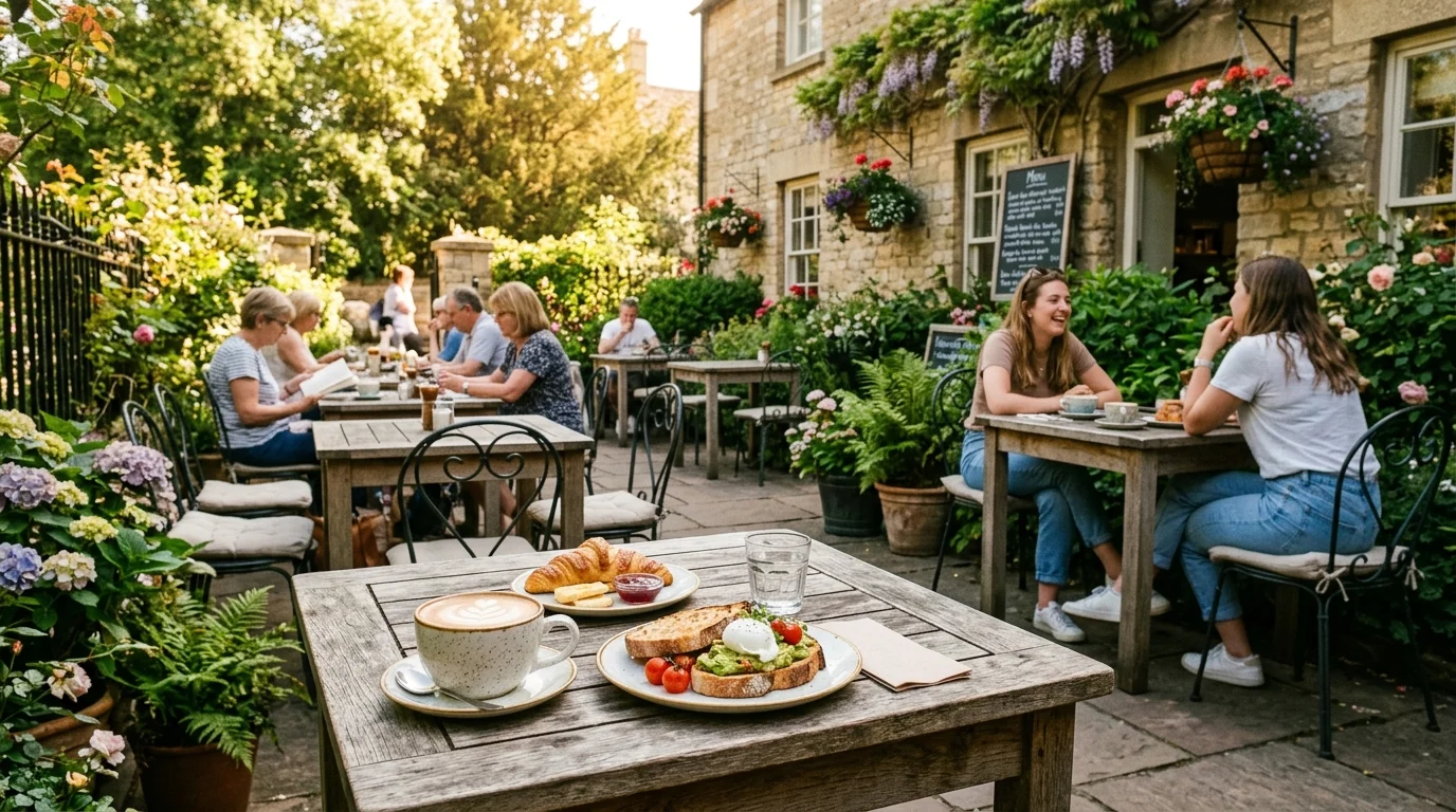 Sunny outdoor terrace seating at a leafy garden cafe in Bicester with morning coffee and breakfast on wooden tables