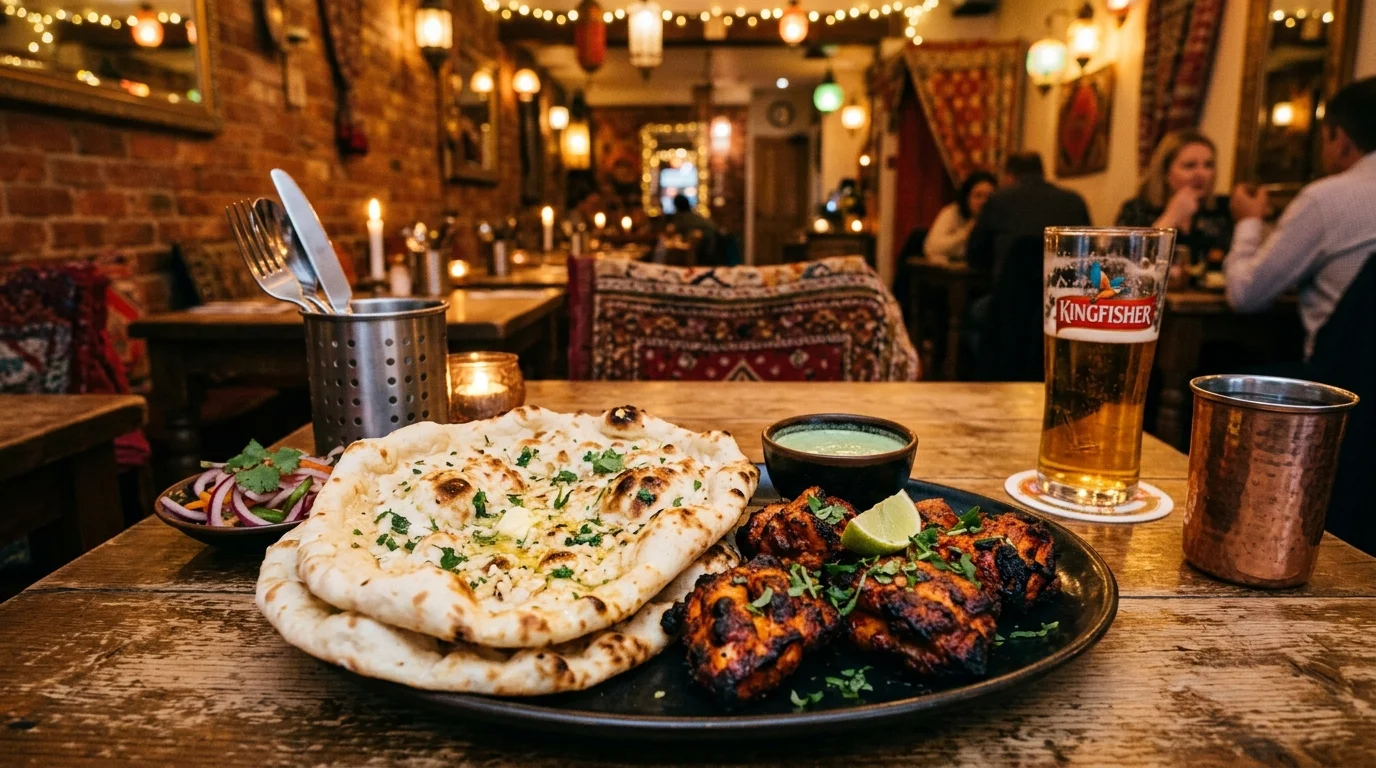 Tandoori grill platter and fresh naan bread served at an Indian restaurant in Bicester