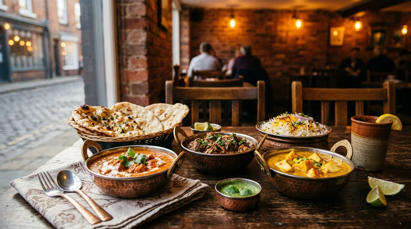 Selection of colourful Indian curry dishes with naan bread served at a restaurant in Bicester