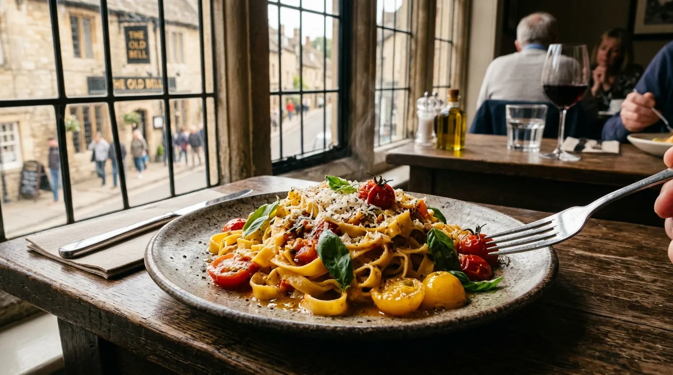 Freshly prepared Italian pasta dish with tagliatelle and cherry tomatoes served at a Bicester dining spot