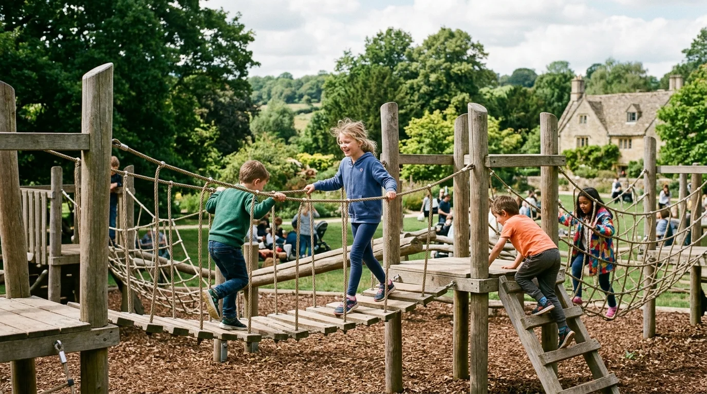 Children playing on wooden climbing frames and obstacle bridges in a modern outdoor timber play park in Oxfordshire