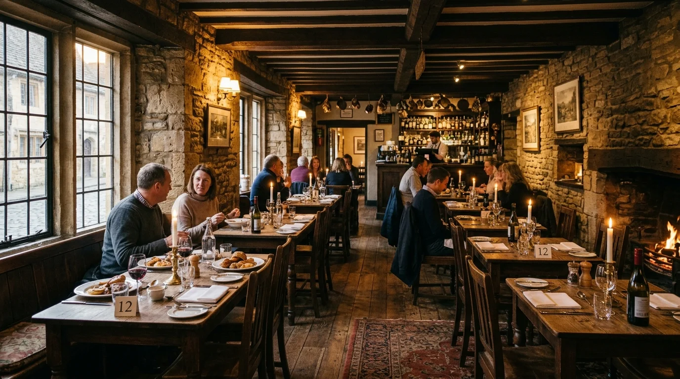 Warm candlelit restaurant interior with exposed stone walls in Bicester town centre, Oxfordshire