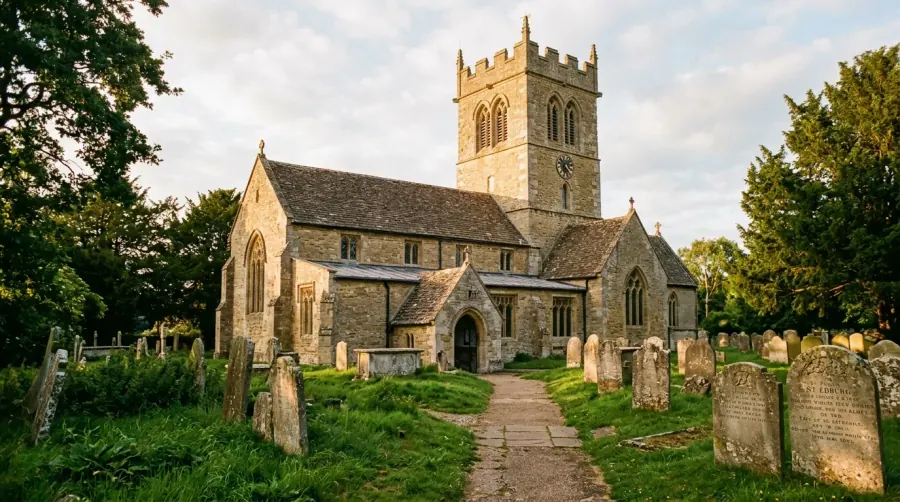 Historic Grade I listed St Edburg's Church in Bicester showing the Saxon-Norman stone tower and churchyard