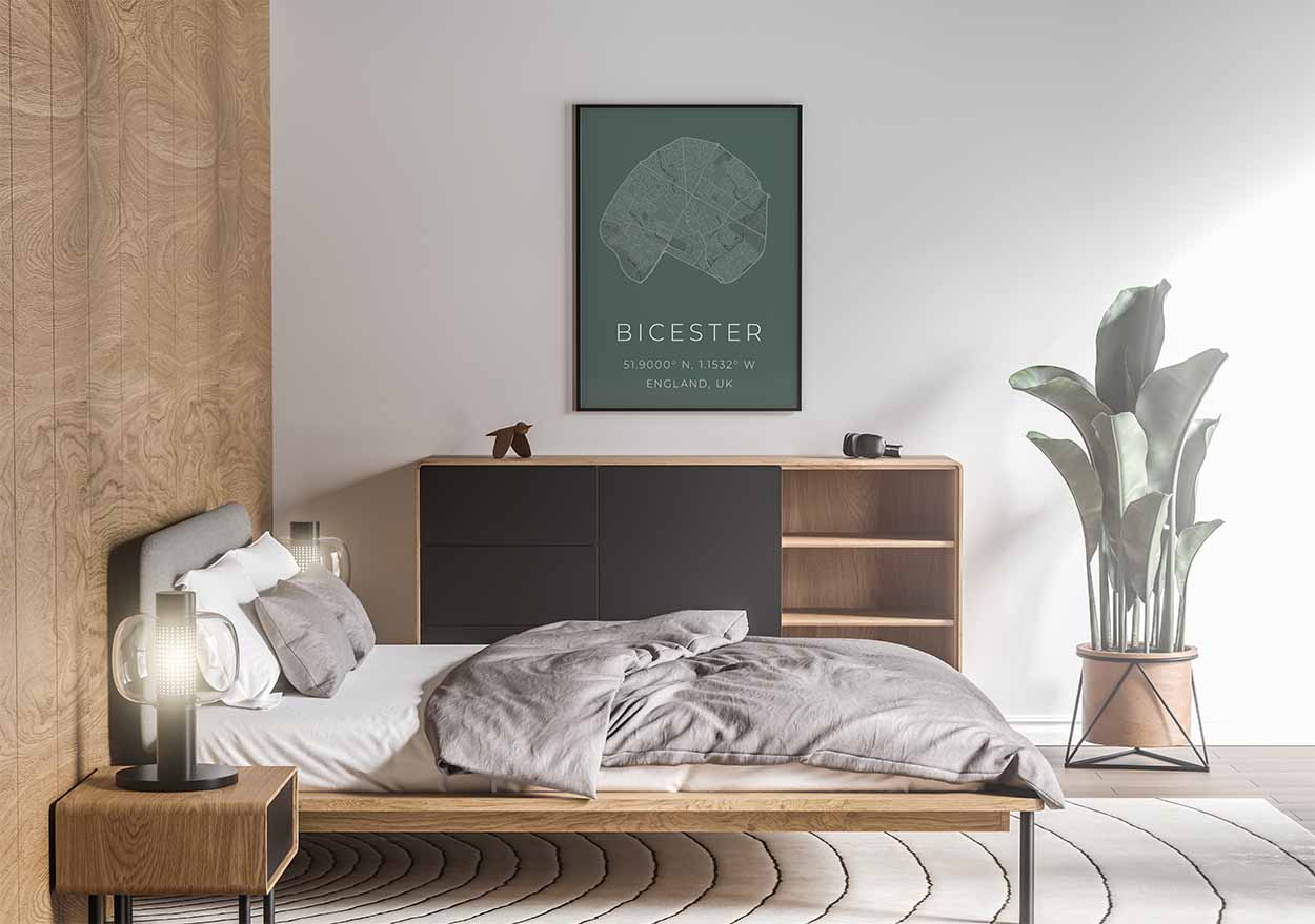 Bicester Map Detail framed in bedroom