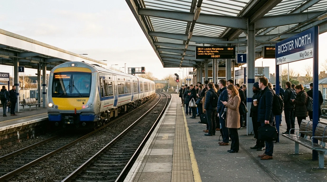Commuters waiting on the platform at Bicester North railway station for a morning train