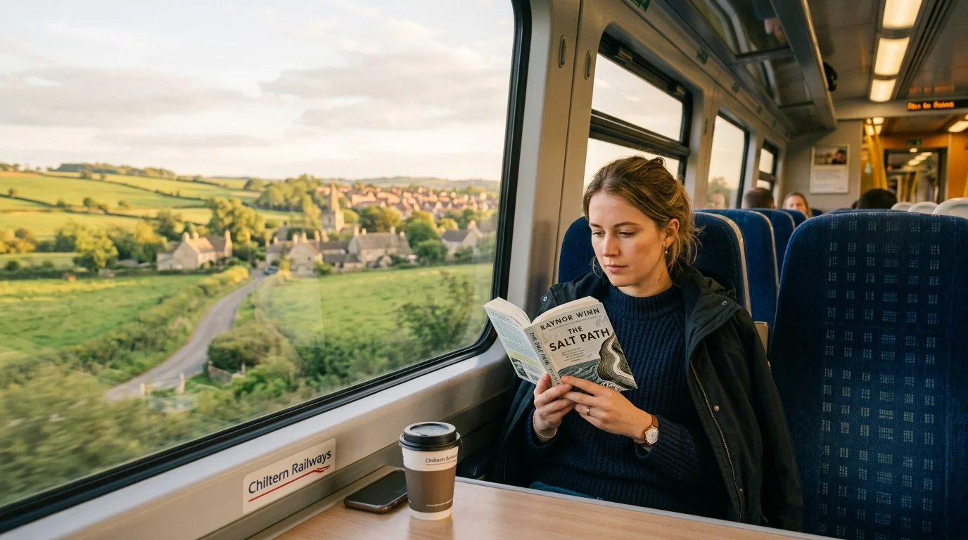 Commuter on a Chiltern Railways train from Bicester heading towards London Marylebone