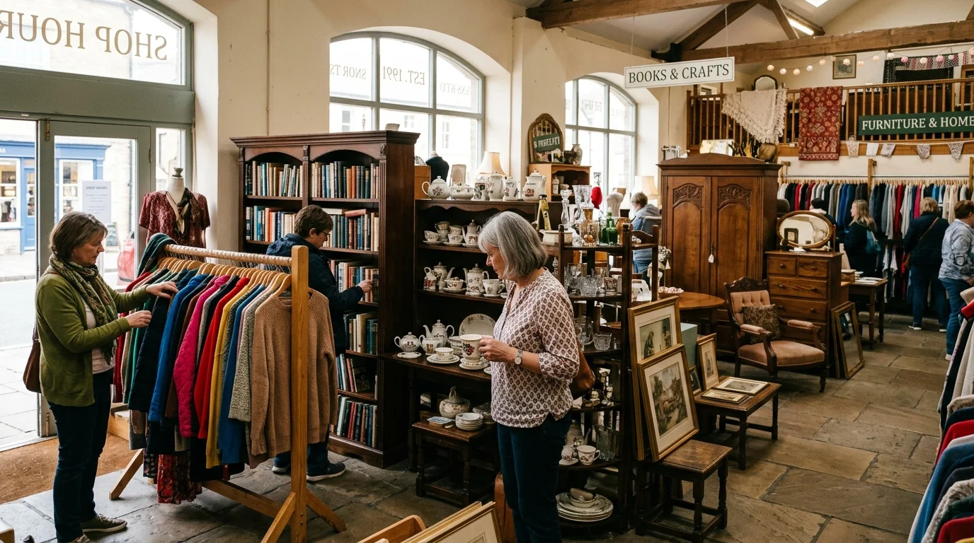 Inside a spacious charity thrift shop in an English market town with vintage homeware and pre-loved furniture
