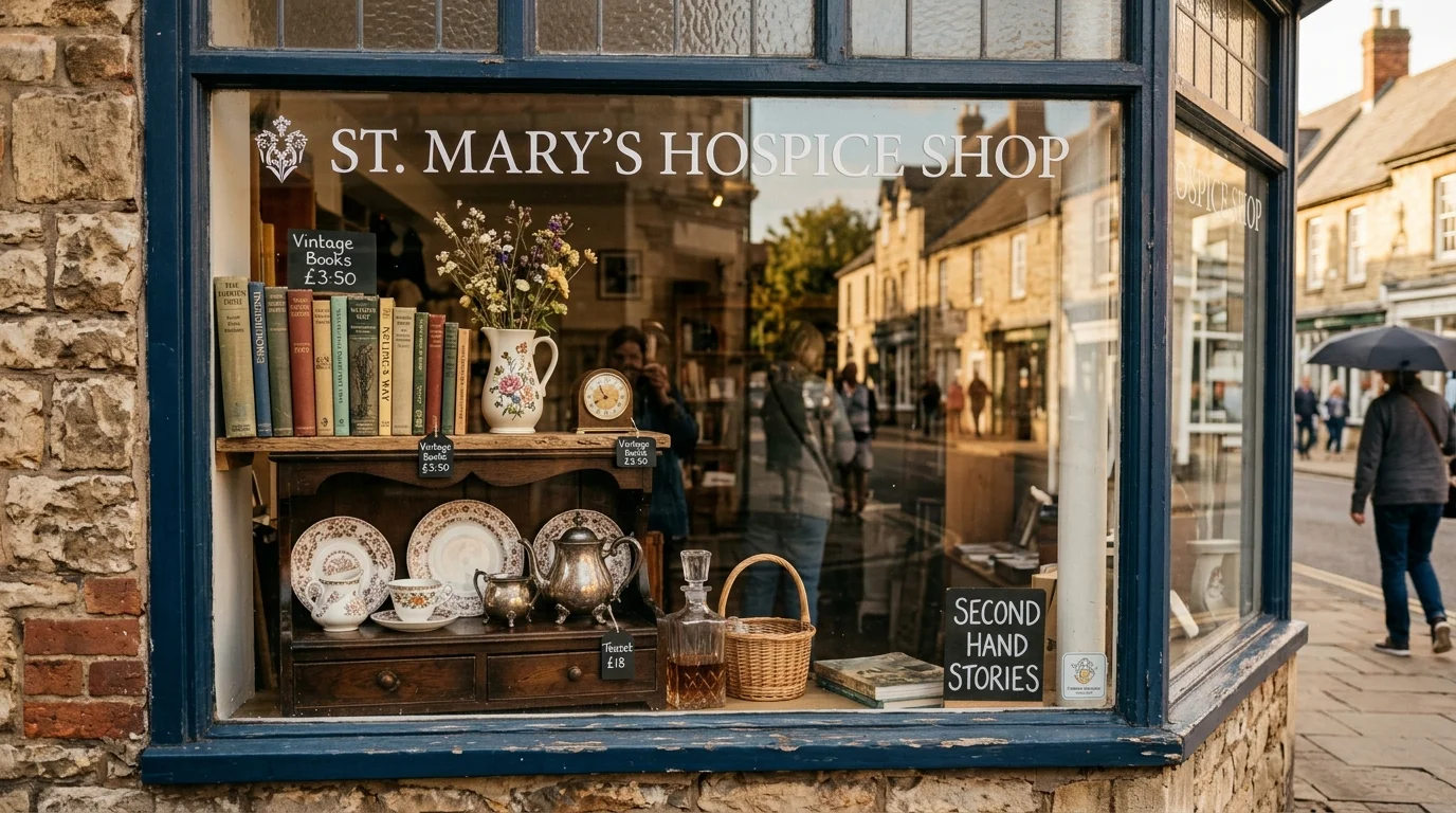 Charity shop window display with curated vintage items on a high street in Bicester