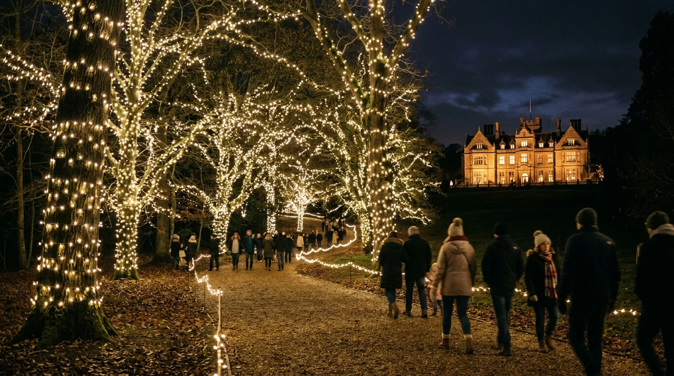 Illuminated winter light trail through Garth Park with Garth House lit up in the background