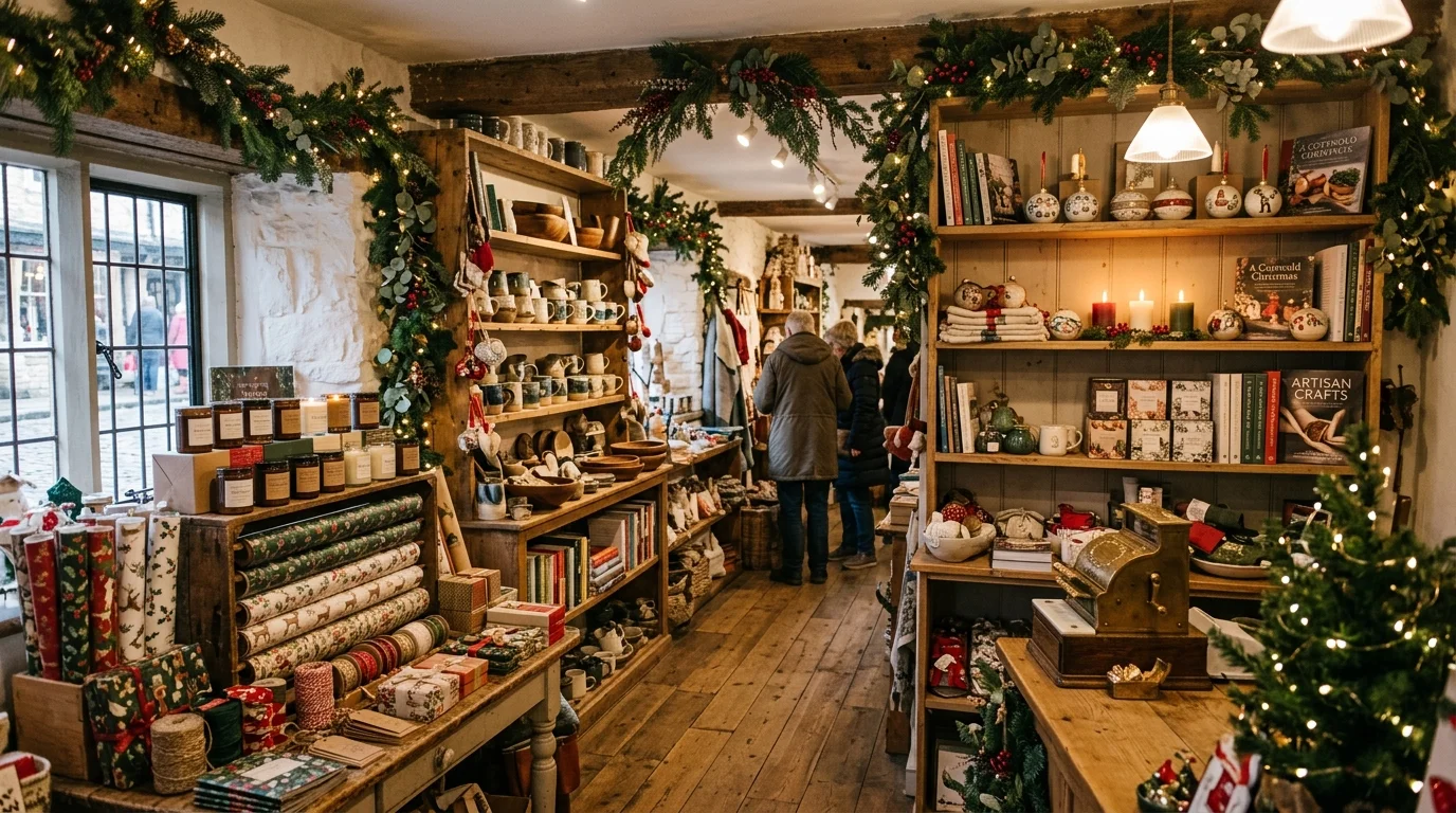 Independent gift boutique interior in Bicester displaying artisan festive decorations and Christmas presents
