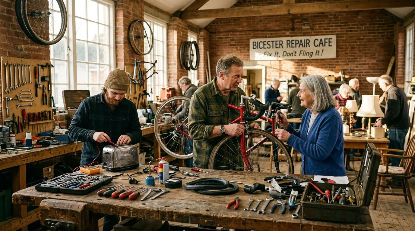Volunteers repairing bicycles and electrical goods at a community workshop in Bicester