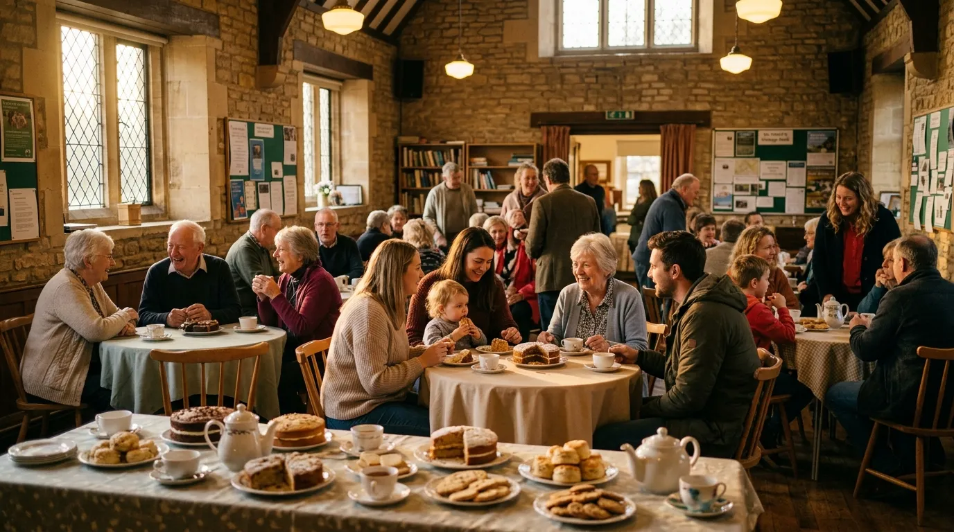 Community group gathering at a village hall in Bicester with tea and conversation
