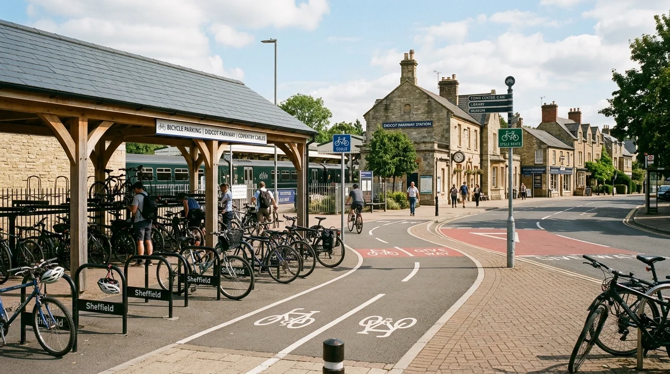 Sheltered bicycle parking stands and cycle path intersection near a railway station in an Oxfordshire market town