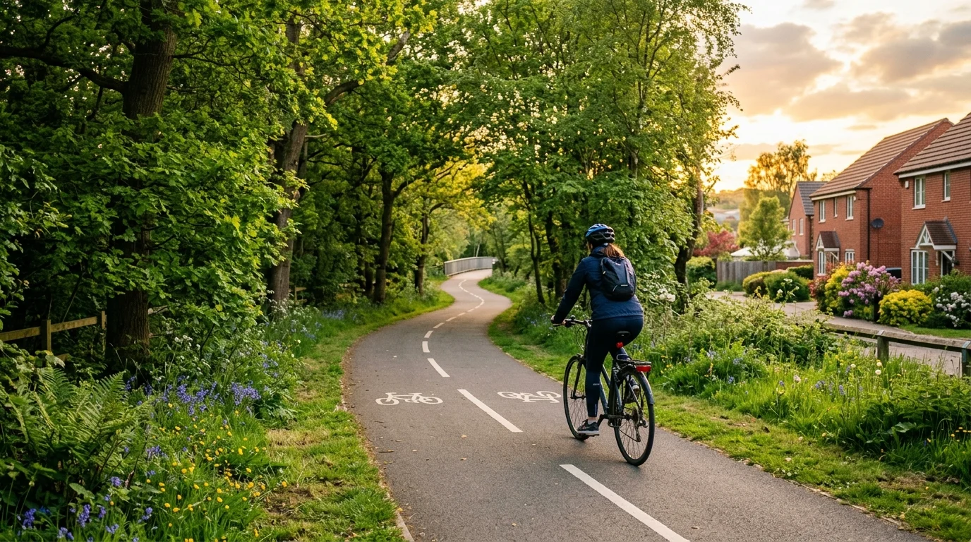 Cyclist on a dedicated cycle path through a green corridor in Bicester