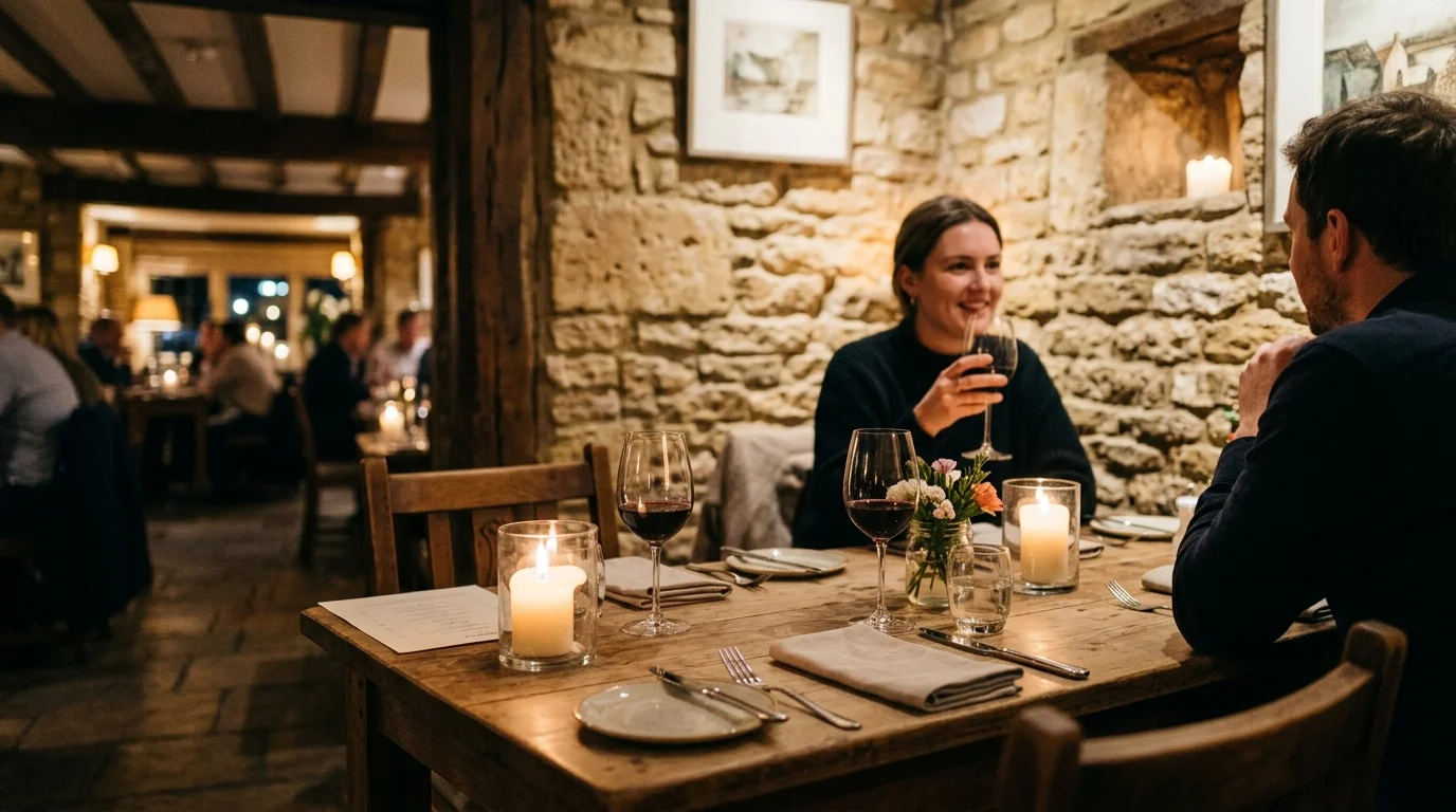 Candlelit table inside a historic stone restaurant in Bicester