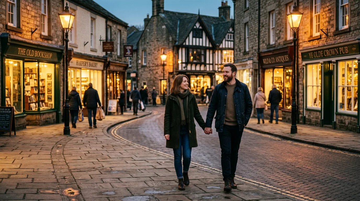Couple walking along a lamp-lit Sheep Street at dusk in Bicester