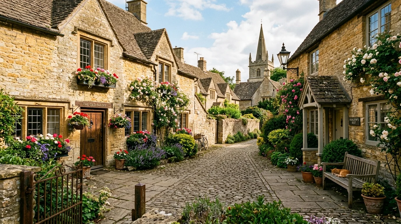 Golden stone cottages in a historic Cotswold village near Bicester