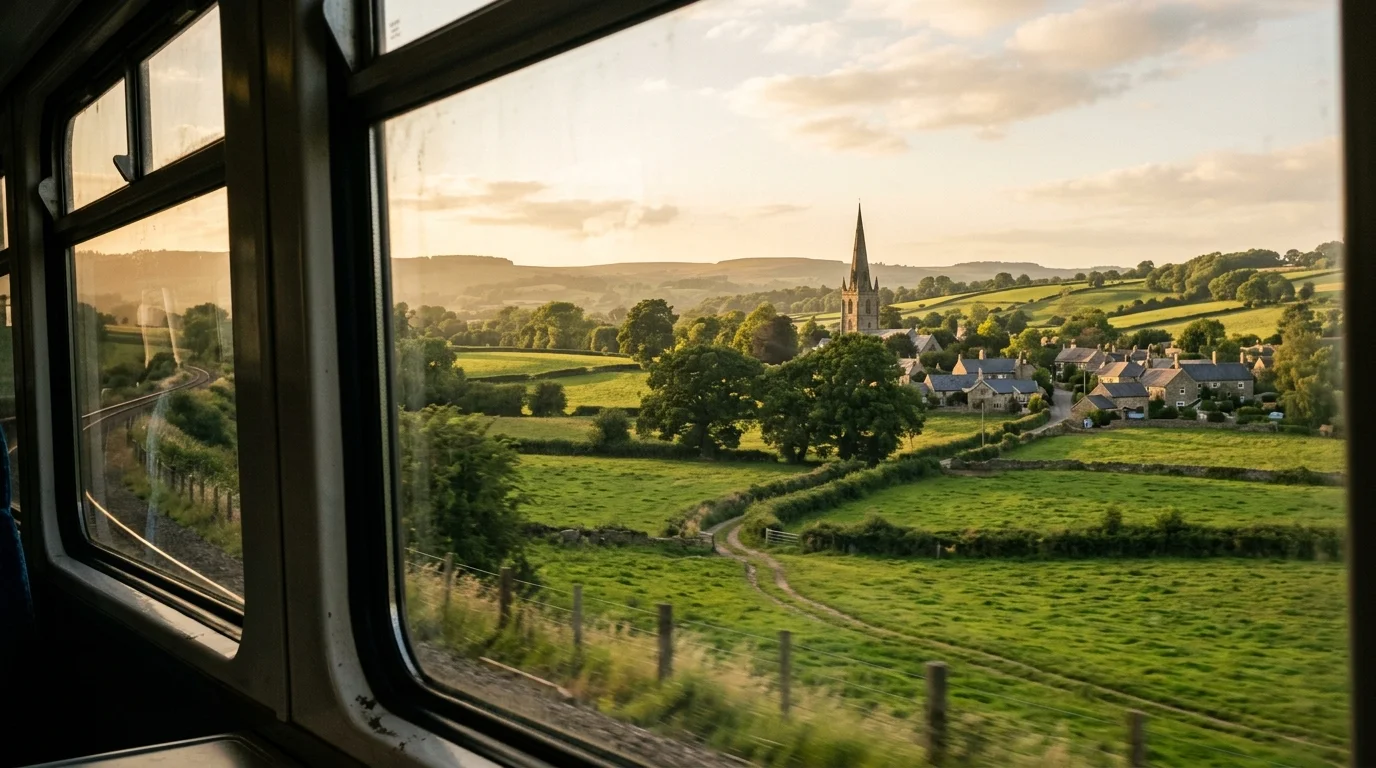Rolling Oxfordshire countryside viewed from a train departing Bicester