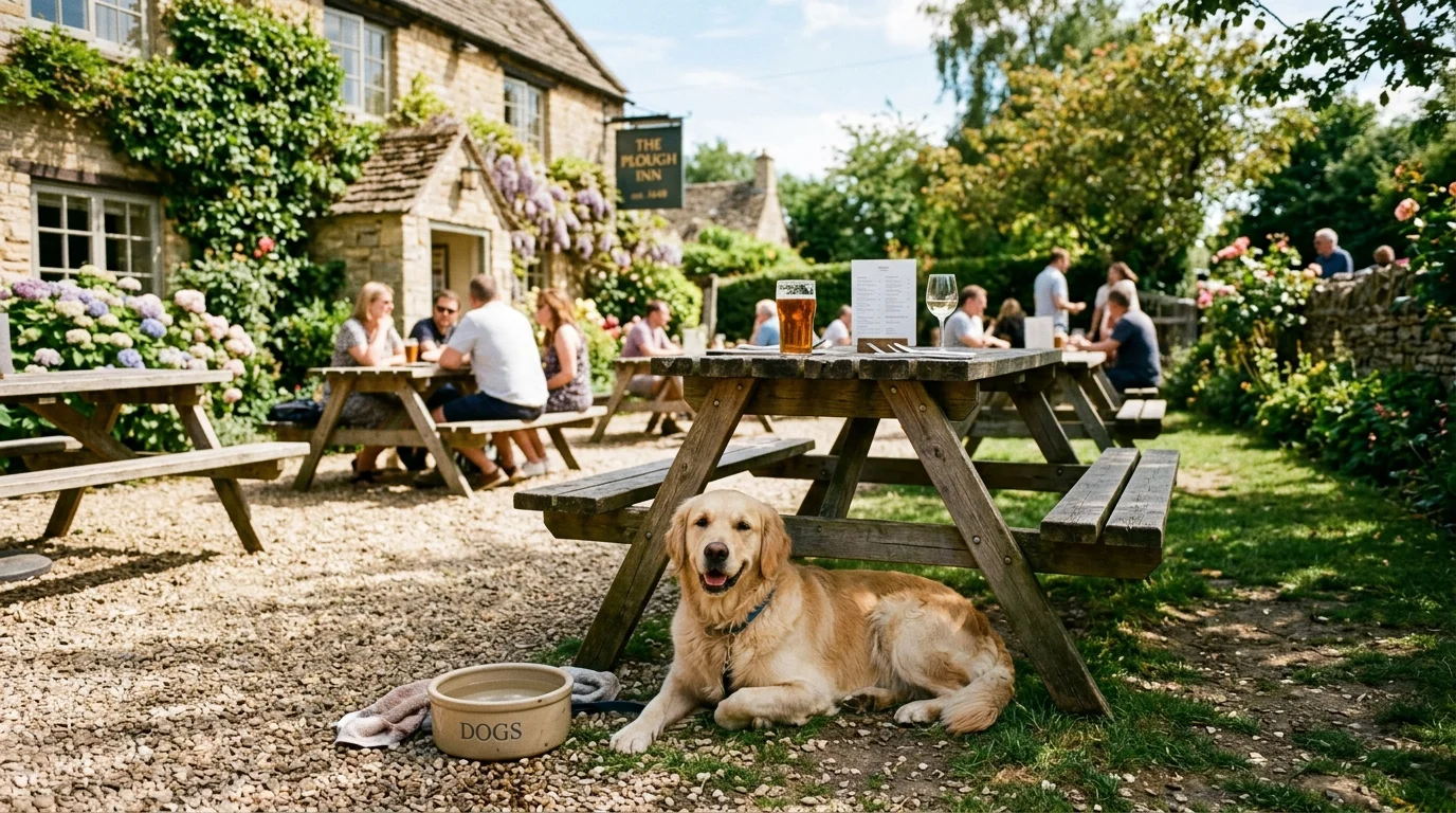 A relaxed dog resting by a wooden table in a sunlit pub garden near Bicester