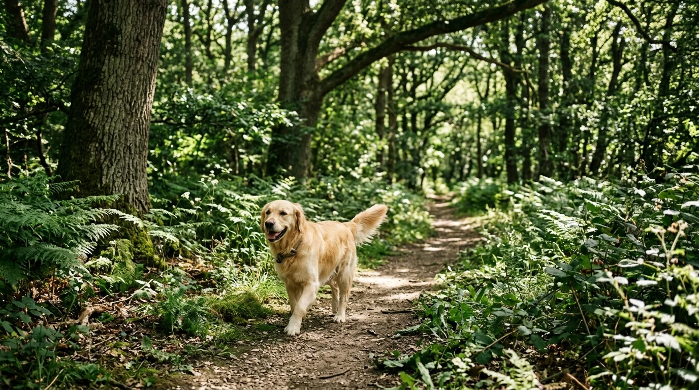 A happy golden retriever walking along a shaded woodland path in Stoke Wood near Bicester surrounded by tall oak trees