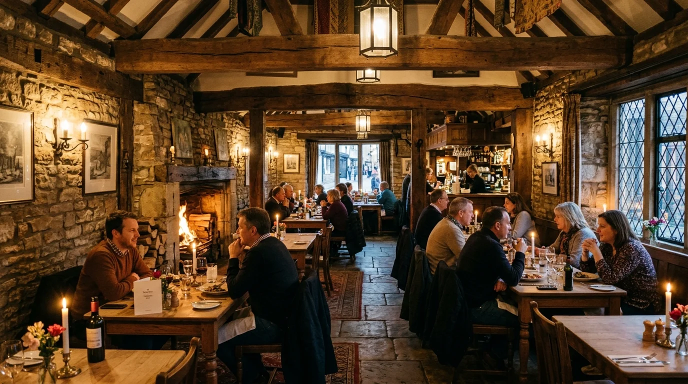 Cozy historic stone restaurant interior with candlelit dining tables near Bicester Village
