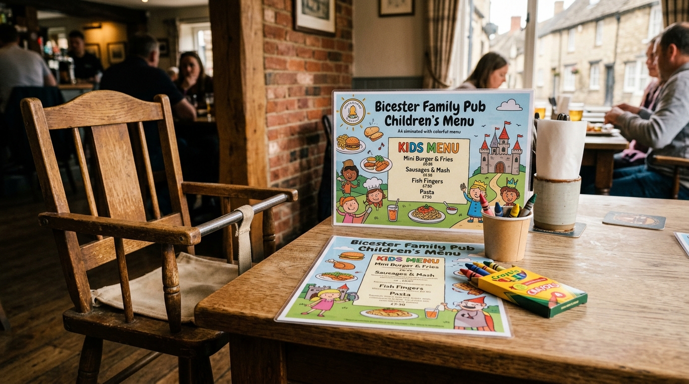 Colourful children's menu and wooden highchair at a family pub restaurant in Bicester