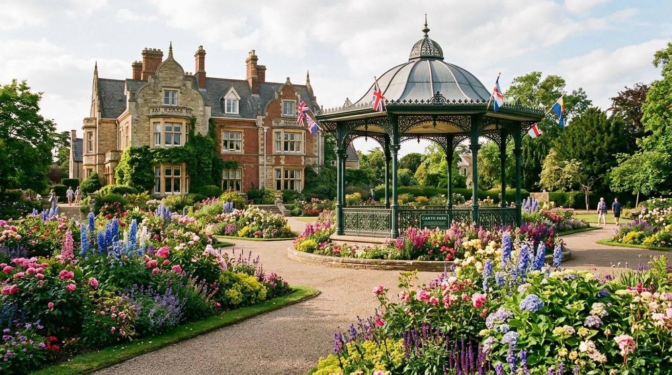 Award-winning formal flower beds and traditional bandstand at Garth Park in Bicester