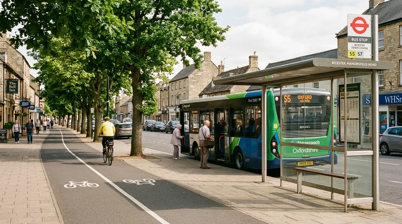 Modern Stagecoach bus stopping at a sheltered stop along Manorsfield Road in Bicester town centre