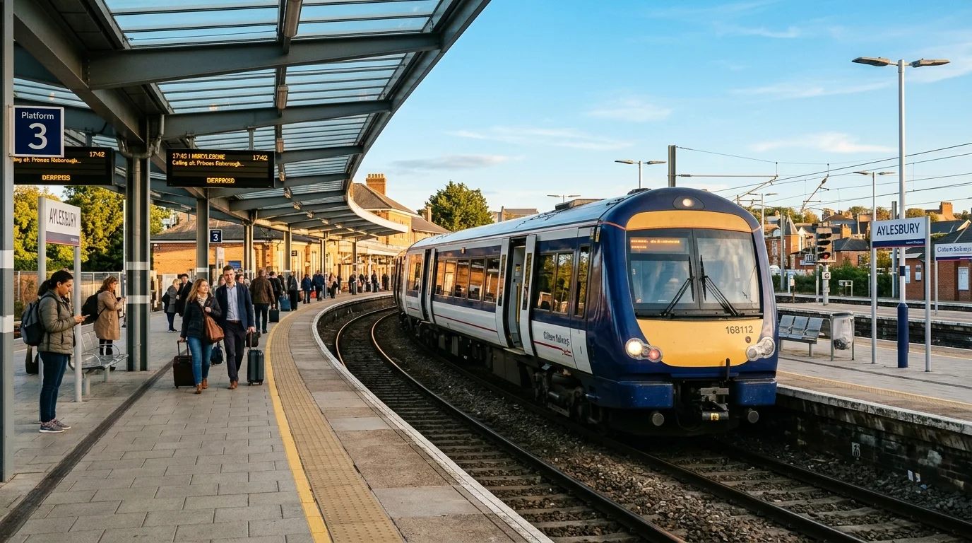 Passengers on the platform at Bicester North station with a Chiltern Railways train