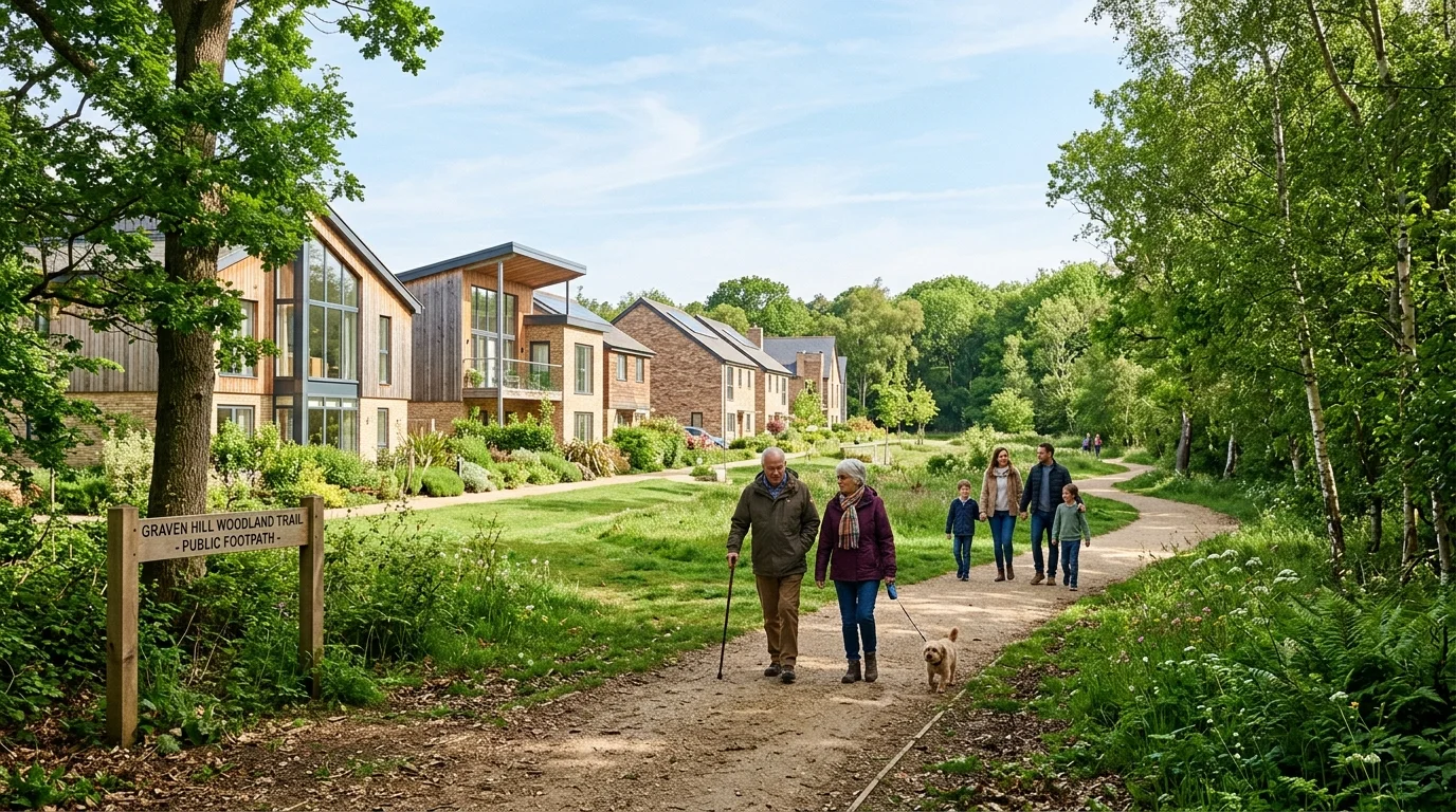 Family walking along the green trail near custom self-built homes at Graven Hill Bicester