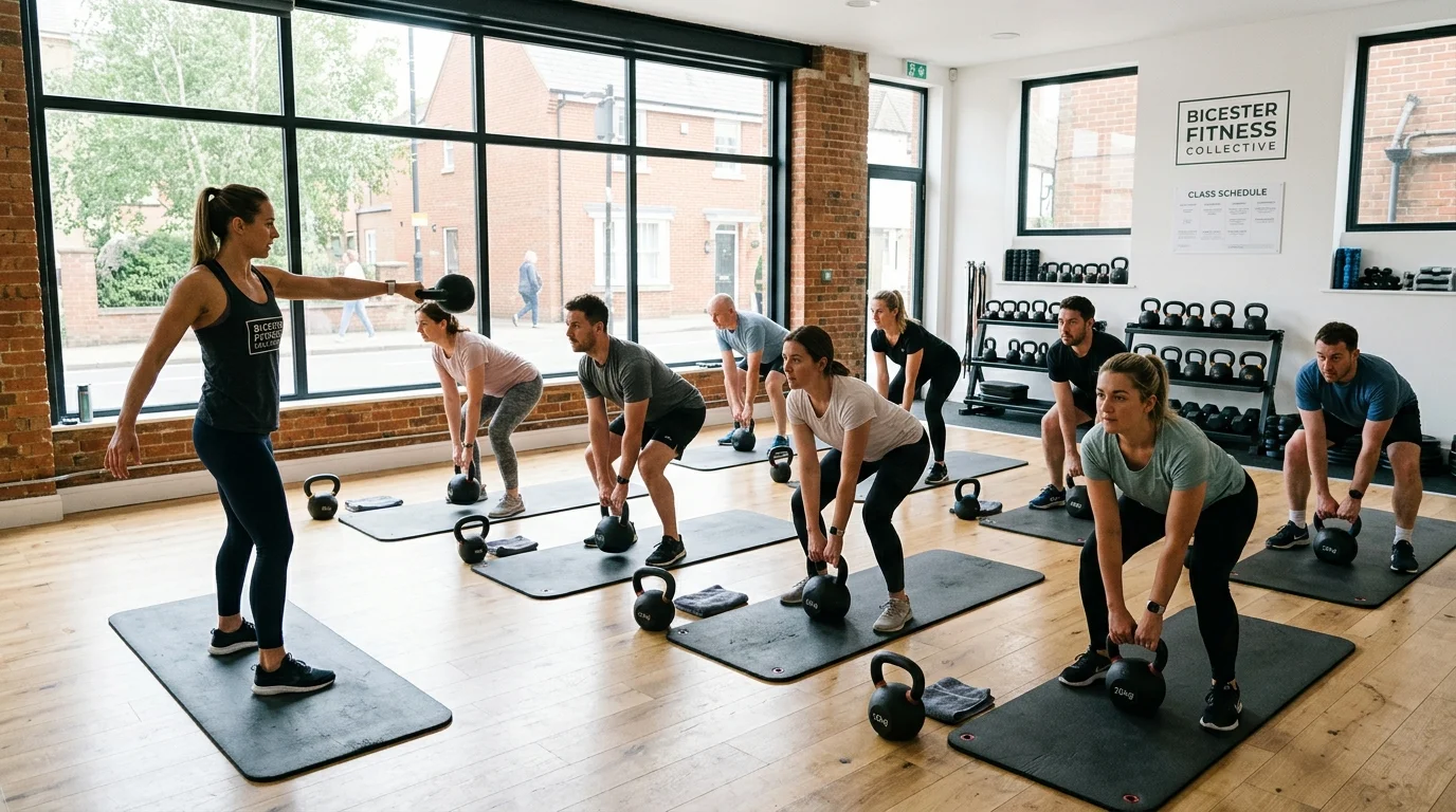 Group fitness studio class with kettlebells and mats in Bicester