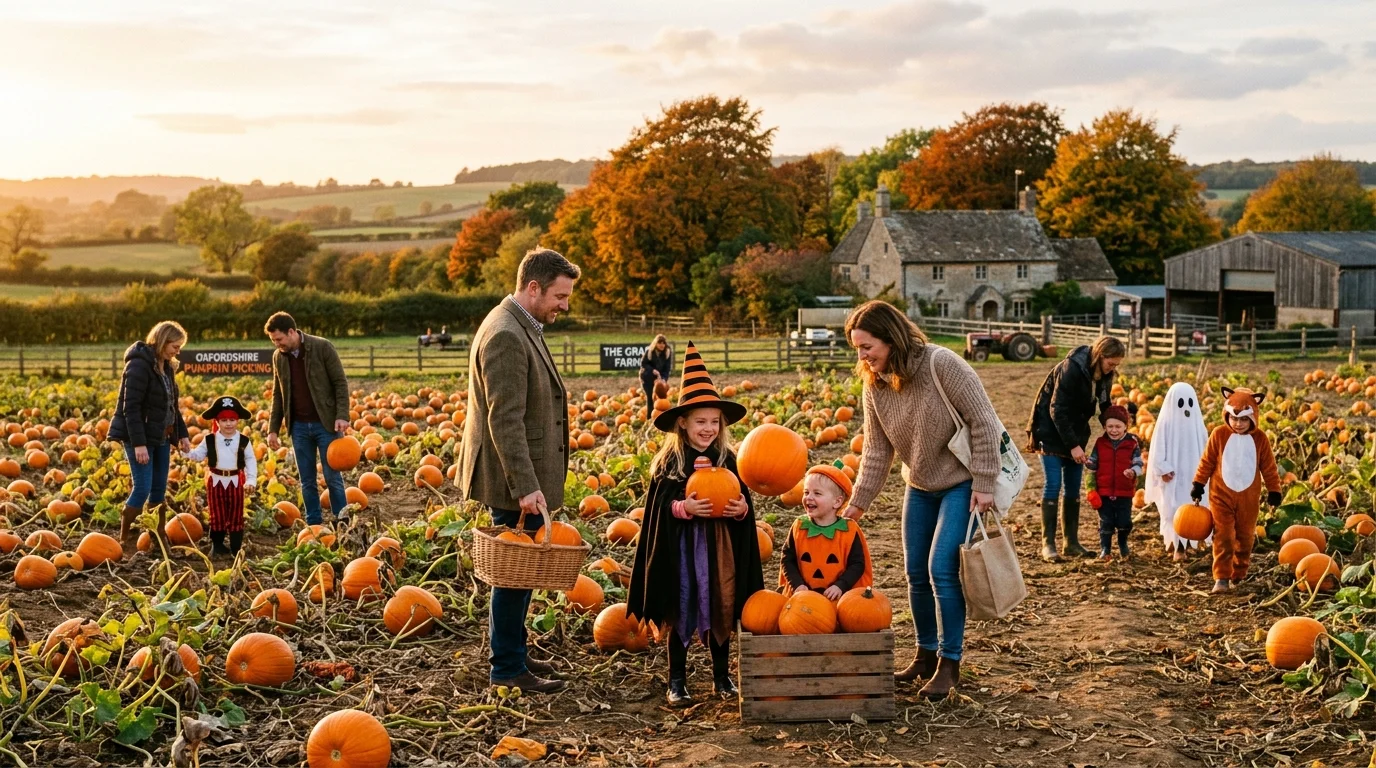 Families and children in friendly costumes picking bright orange pumpkins in a rural Oxfordshire farm patch near Bicester