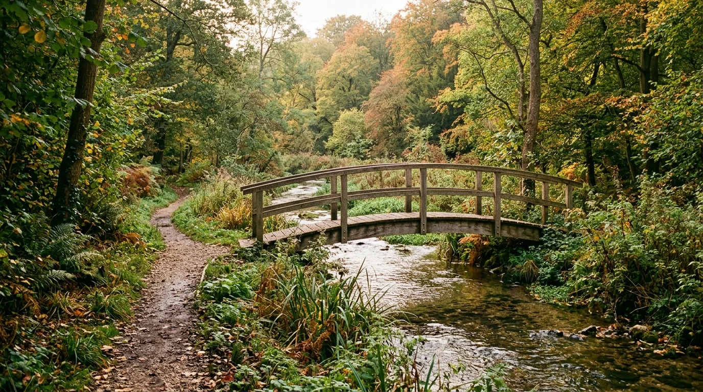 Picturesque wooden footbridge over the Bure stream in Bure Park Nature Reserve