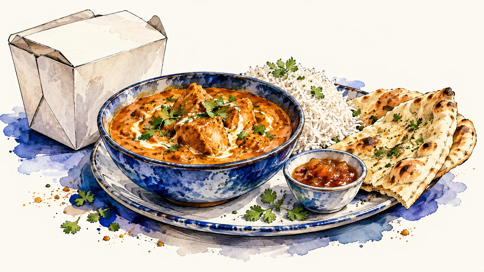 AI-generated watercolour illustration of a curry meal with rice, naan, chutney and a plain takeaway carton. Not a photograph of Bicester.