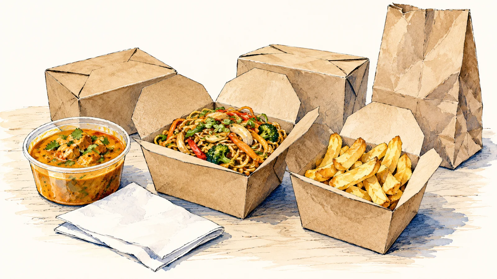 AI-generated watercolour illustration of unmarked takeaway cartons with curry, noodles and chips. Not a photograph of Bicester.