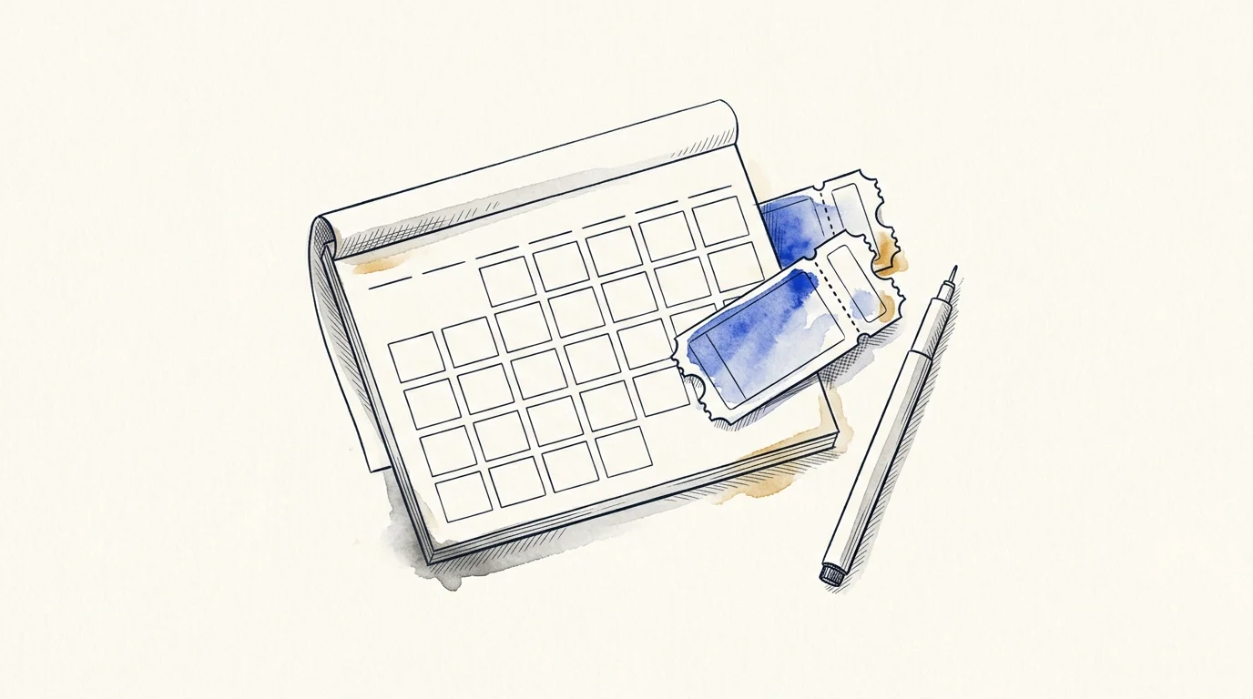 AI-generated illustration. Not a photograph of Bicester. Conceptual open desk calendar planner, admission ticket stubs and an ink pen.