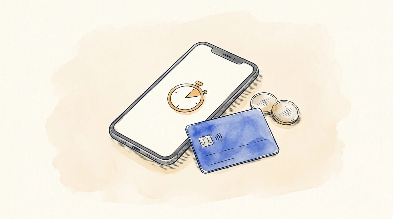 AI-generated illustration. Not a photograph of Bicester. Conceptual still life of smartphone with parking timer icon, contactless card and parking coins.