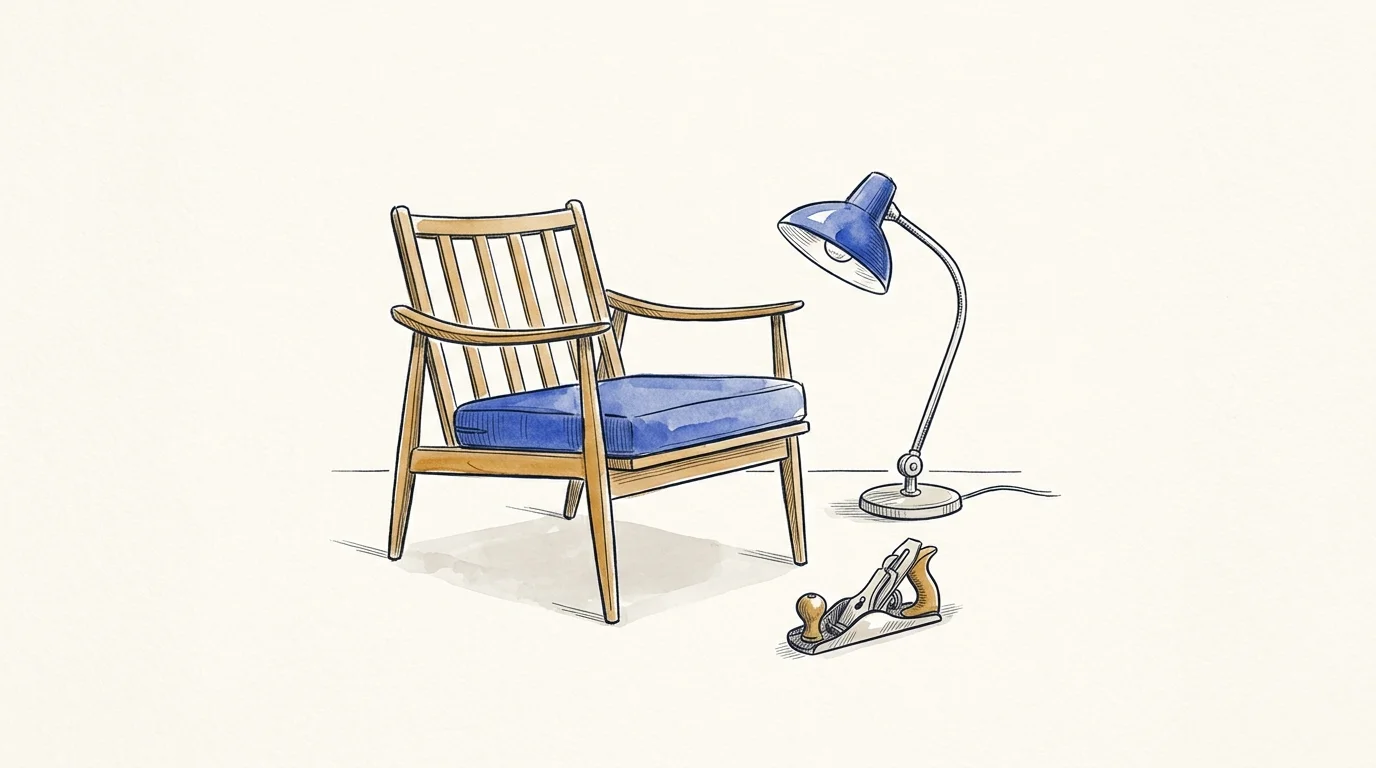 Editorial ink illustration of restored second-hand furniture with a mid-century wooden armchair, desk lamp and woodworking tool on warm paper.