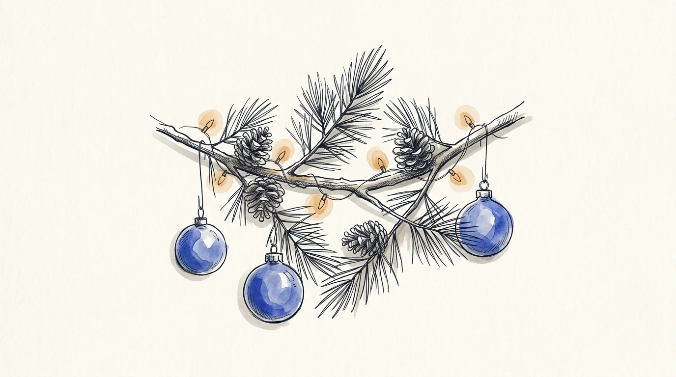 Editorial ink illustration of a festive evergreen branch with hanging baubles and glowing fairy lights.