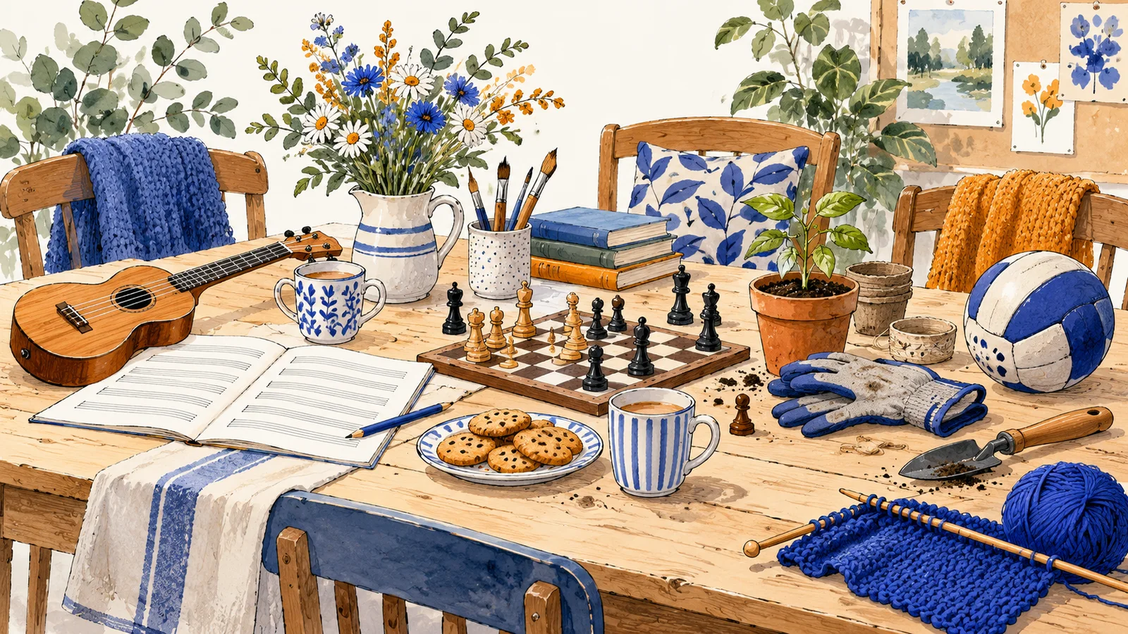 AI-generated watercolour illustration of a shared activity table with a ukulele, chess pieces, gardening gloves, a seedling and tea mugs. Not a photograph of Bicester.