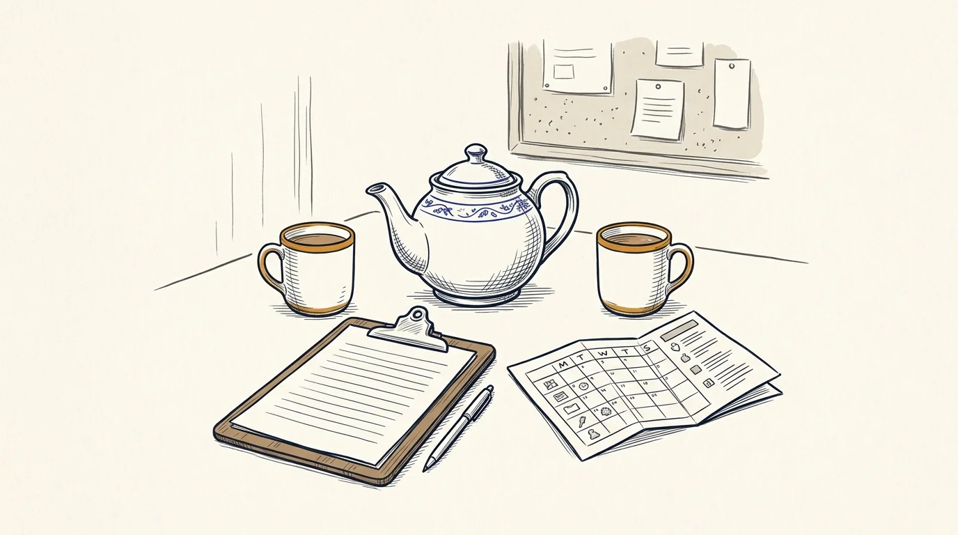 Conceptual ink sketch of a community group meetup table with a ceramic teapot, two mugs, an open sign-in clipboard, and weekly activity flyers on warm paper.