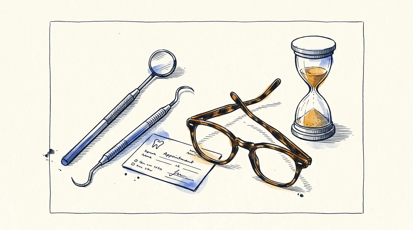 AI-generated illustration. Not a photograph of Bicester. Conceptual dental checkup instruments, optical glasses and appointment card.