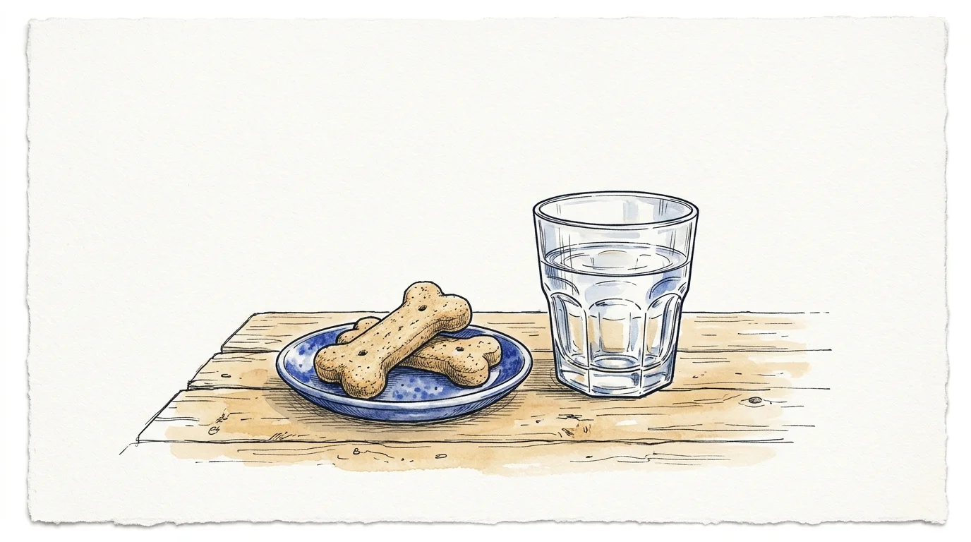 AI-generated illustration. Not a photograph of Bicester. Conceptual bone-shaped dog biscuits on a ceramic dish beside a water glass on a timber table.