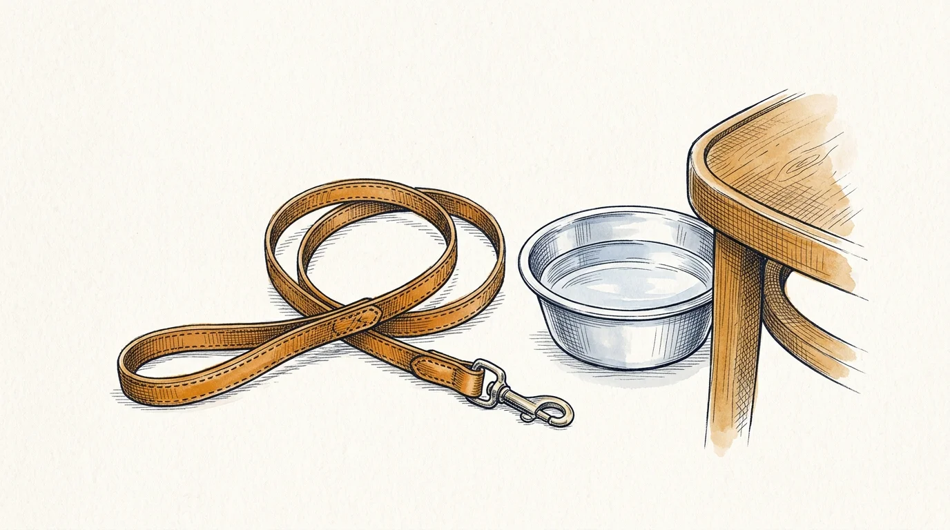 AI-generated illustration. Not a photograph of Bicester. Conceptual coiled leather dog lead, water bowl and wooden chair leg.