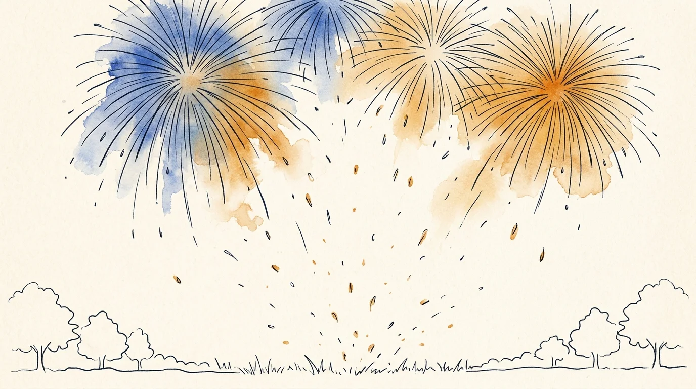 AI-generated illustration. Not a photograph of Bicester or Pingle Field. Conceptual fireworks bursts in cobalt blue and ochre above an ink line horizon.