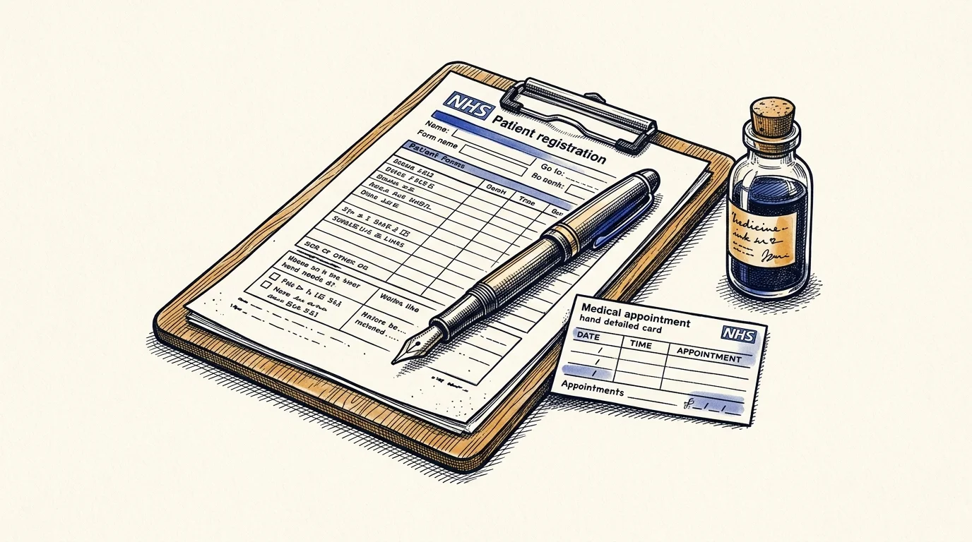 Editorial ink illustration of an NHS patient registration form on a clipboard with a fountain pen and appointment card.