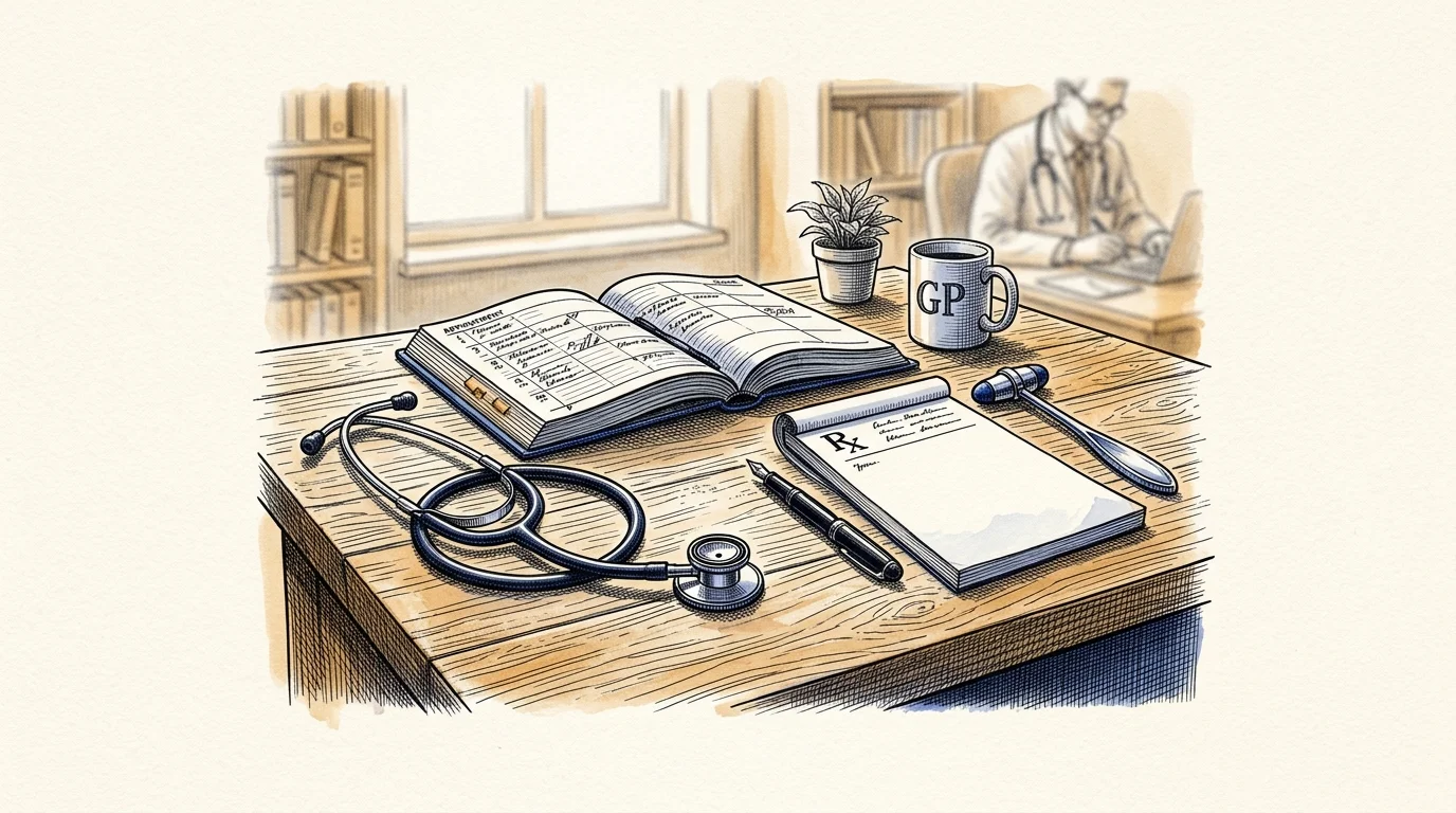 AI-generated illustration. Not a photograph of Bicester. Conceptual doctor's consultation desk with stethoscope, prescription pad and appointment book.