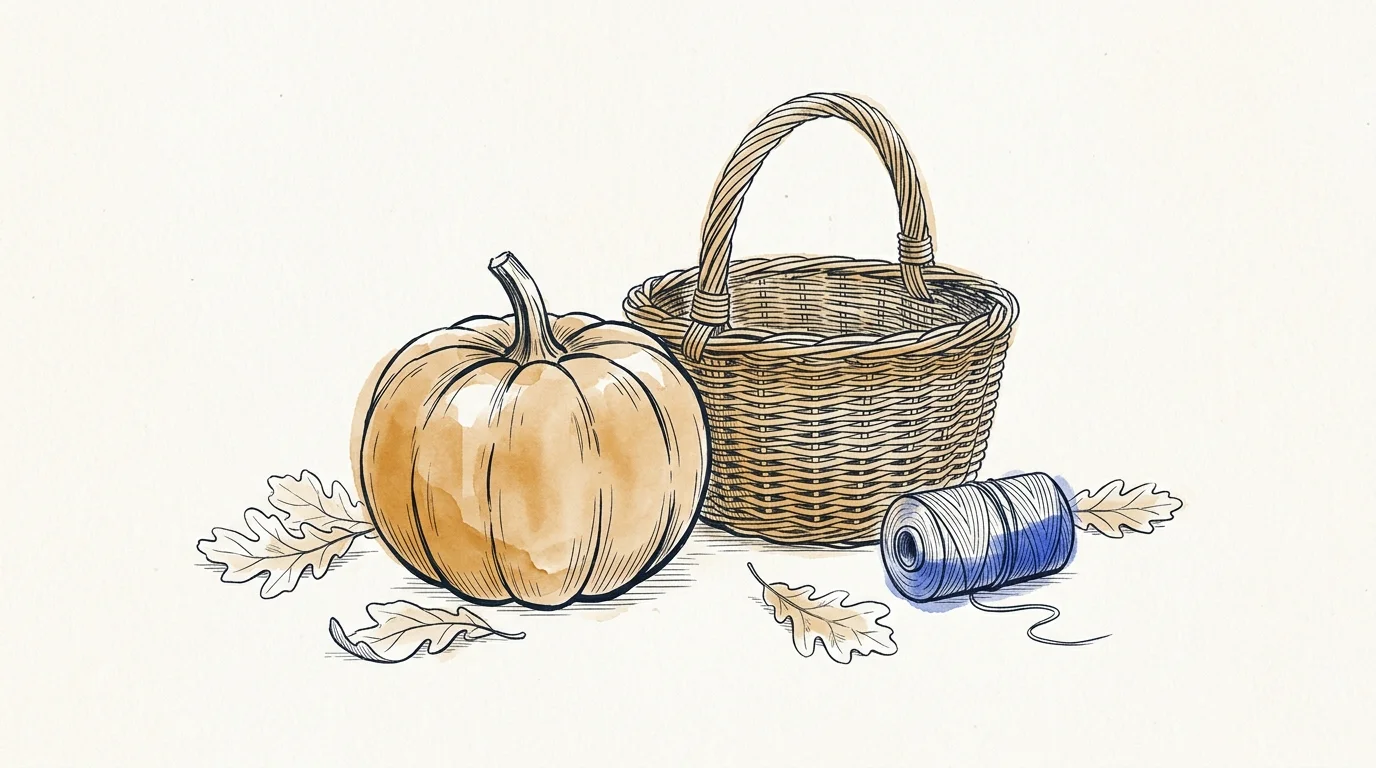 Editorial ink illustration of a harvested autumn pumpkin with a wicker basket, garden twine and oak leaves.