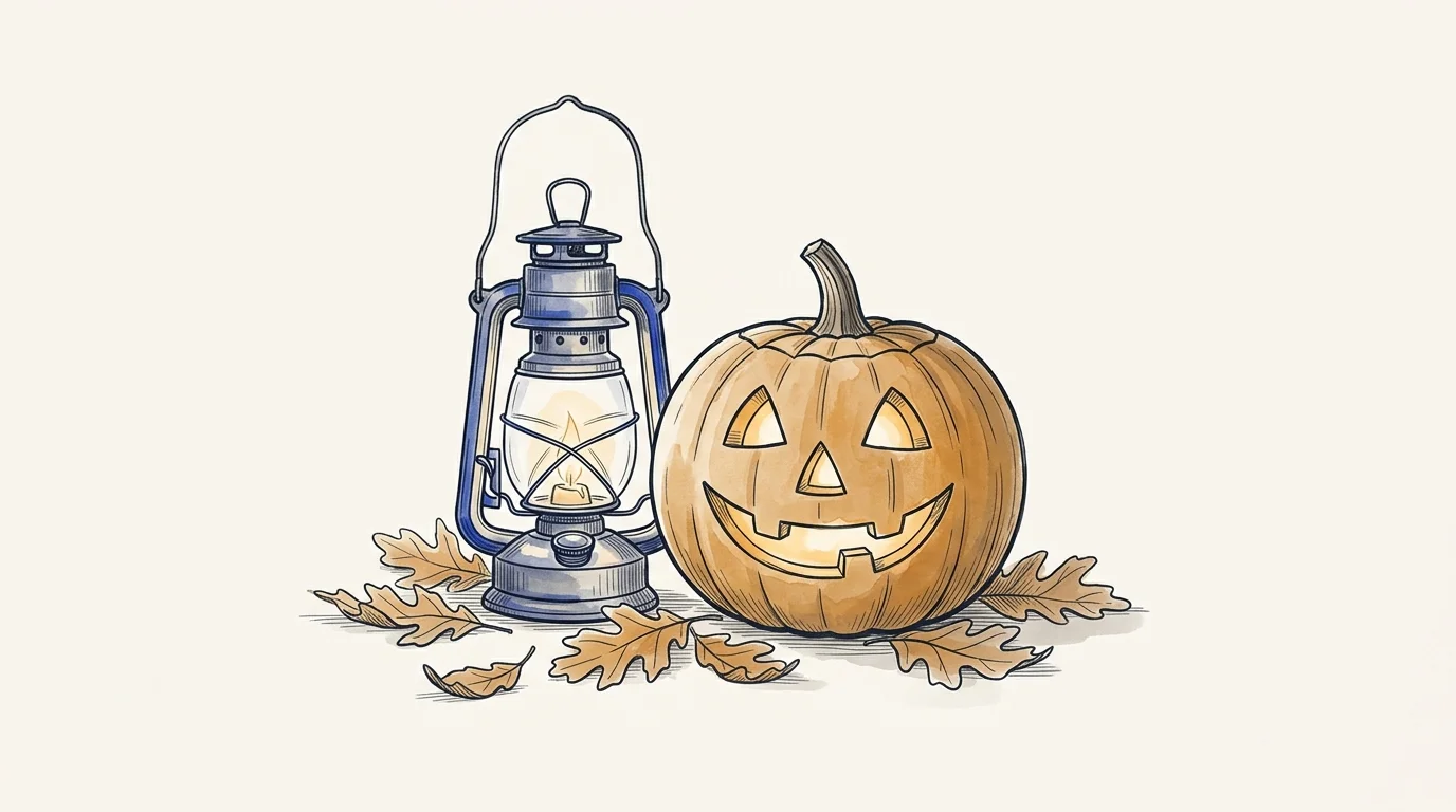 Editorial ink illustration of a carved glowing pumpkin lantern beside a metal porch lantern and autumn leaves.